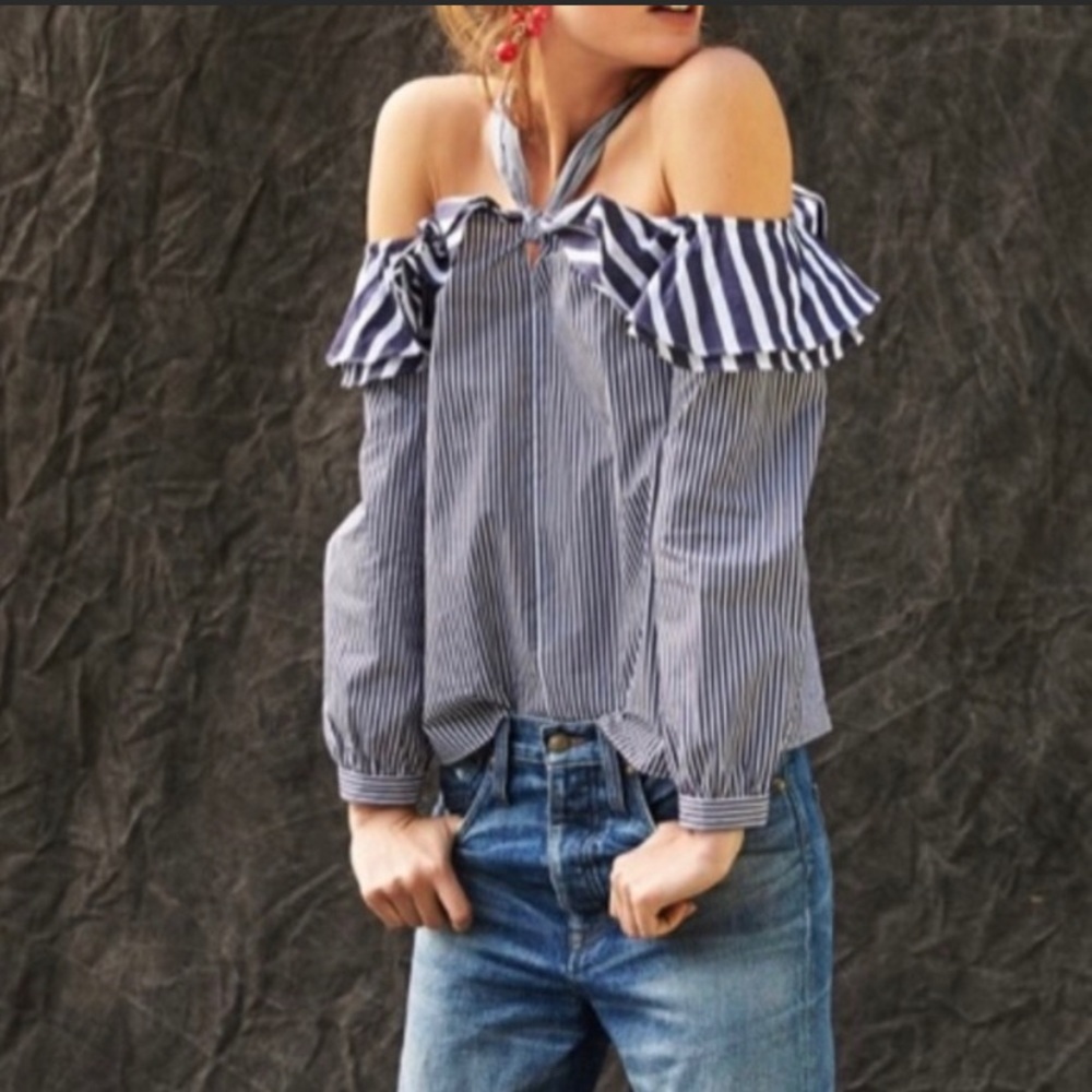 ✨HP✨J. crew striped off shoulder tie neck top NWT